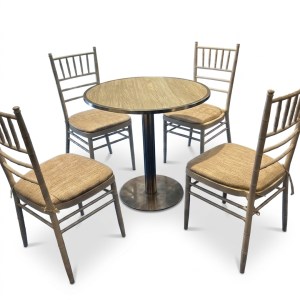 Round glass table with 4 white chairs